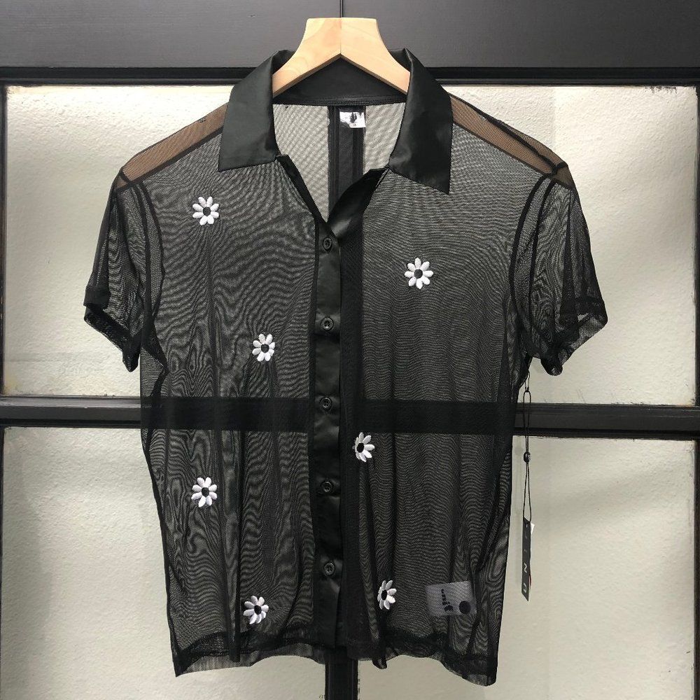 New UNIF Sheer Black Top with Flowers - Size M